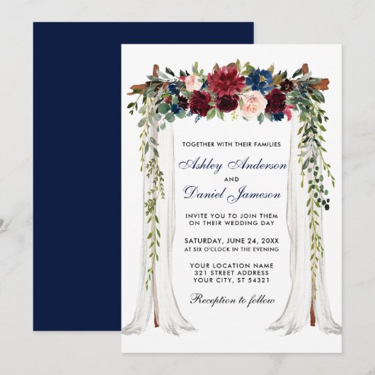 Invitation Aquarelle à canopée mariage Floral Arch Bleu (Devant / Derrière)