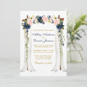 Invitation Aquarelle à canopée mariage Floral rose Bleu Or (Debout devant)