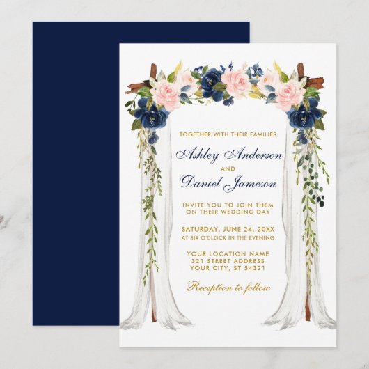 Invitation Aquarelle à canopée mariage Floral rose Bleu Or (Devant / Derrière)