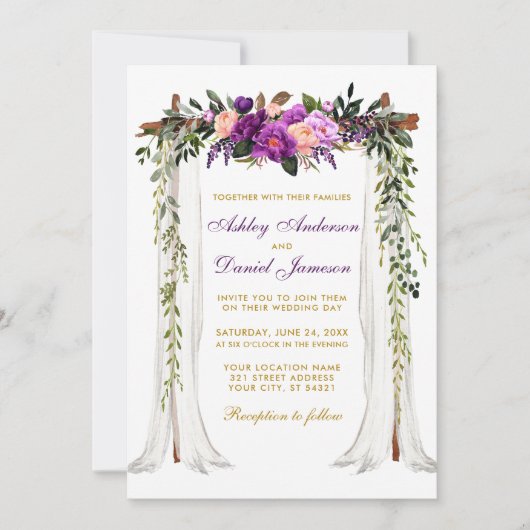 Invitation Aquarelle à canopée mariage violet or floral (Devant)