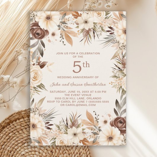 Invitation Aquarelle à crème Brown Floral Boho 5e anniversair