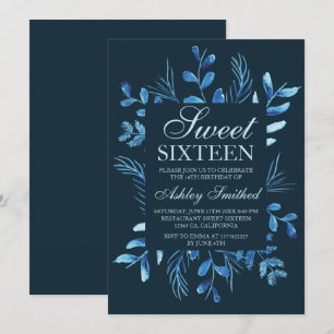 Invitation Aquarelle à feuilles bleues modernes Sweet 16