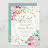 Invitation Aquarelle à fleurs rose parties scintillant or Swe (Devant / Derrière)