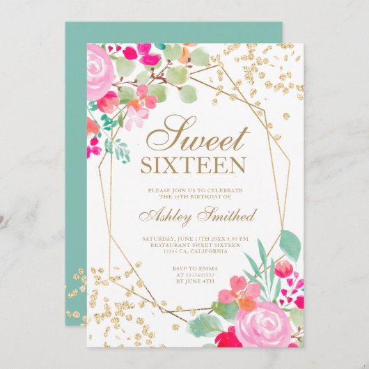 Invitation Aquarelle à fleurs rose parties scintillant or Swe (Devant / Derrière)