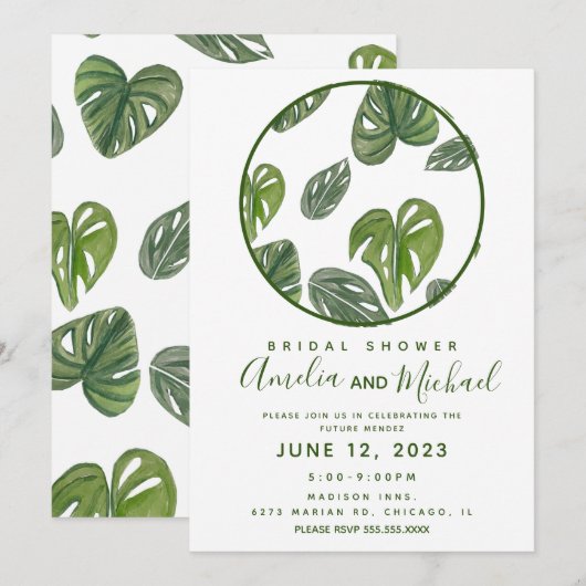 Invitation Aquarelle à la main Monstera et Nuptiale de la feu (Devant / Derrière)