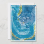 Invitation Aquarelle à main bleue Agate Mariage or Faux (Devant)