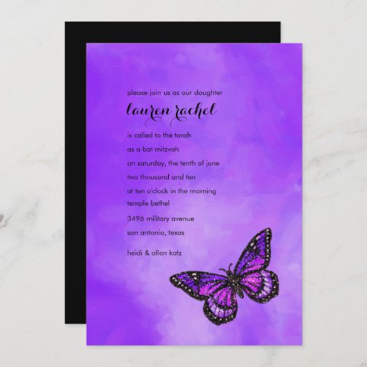 Invitation Aquarelle à papillon de Parties scintillant violet (Devant / Derrière)