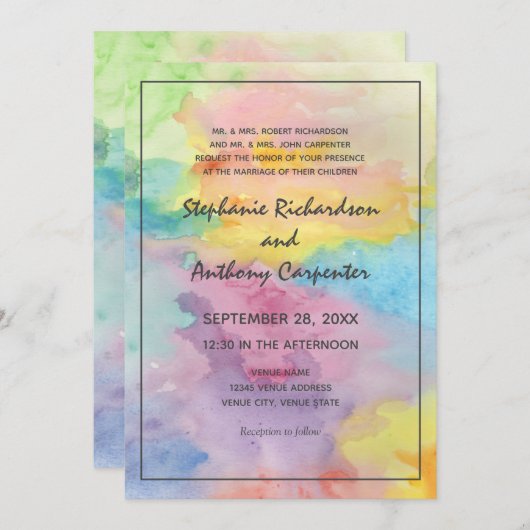 Invitation Aquarelle Abstrait Whimsical coloré Mariage amusan (Devant / Derrière)