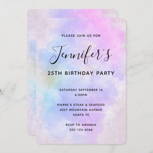 Invitation Aquarelle Abstraite bleu violet élégant (Devant / Derrière)