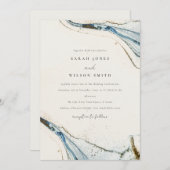Invitation Aquarelle Abstraite Blue Gold Mariage de plage (Devant / Derrière)