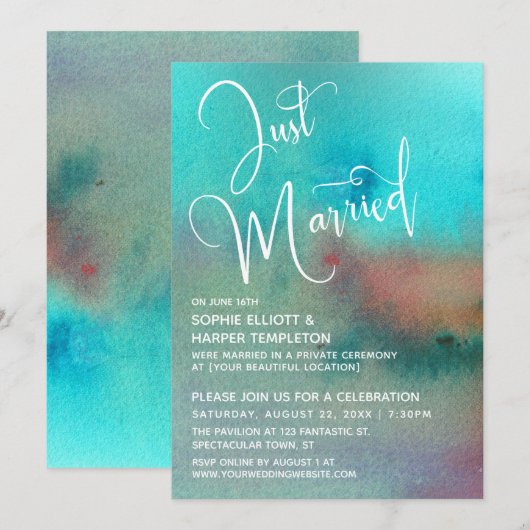 Invitation Aquarelle Abstraite Colorée Écriture "Juste Mariés (Devant / Derrière)