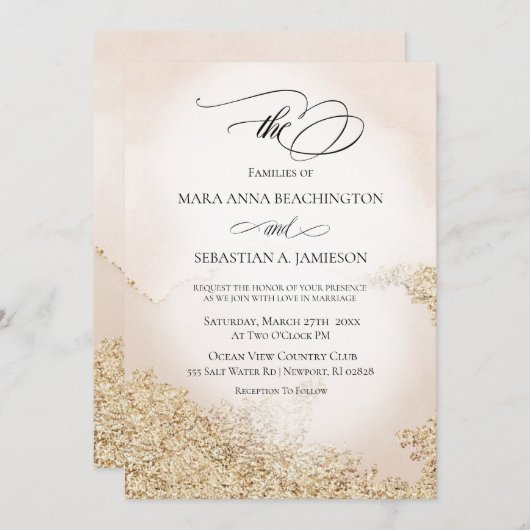 Invitation *~* Aquarelle Abstraite douce Mariage or (Devant / Derrière)