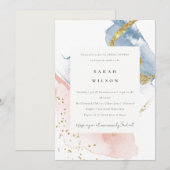 Invitation Aquarelle Abstraite Fête des mariées bleu rose or (Devant / Derrière)