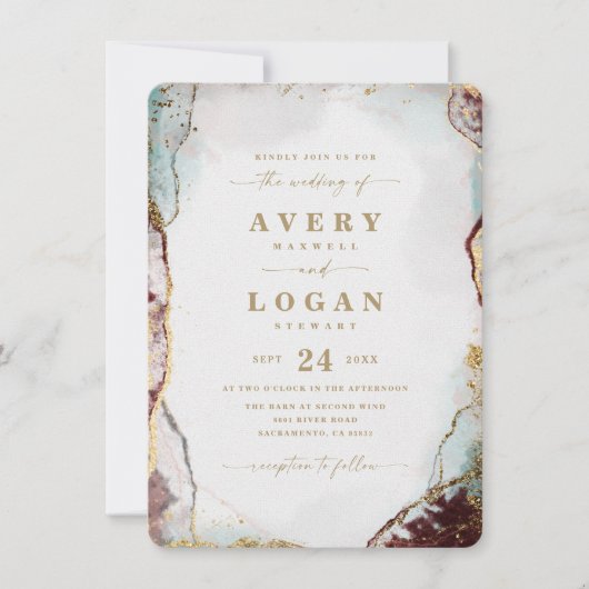 Invitation Aquarelle Abstraite moderne en Mariage Vin & Or (Devant)