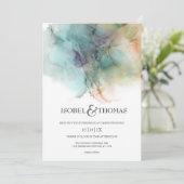 Invitation Aquarelle Abstraite pêche et Mariage vert (Debout devant)