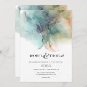 Invitation Aquarelle Abstraite pêche et Mariage vert (Devant / Derrière)