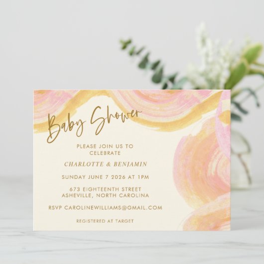 Invitation Aquarelle Abstraite Peinture Baby shower rose (Debout devant)