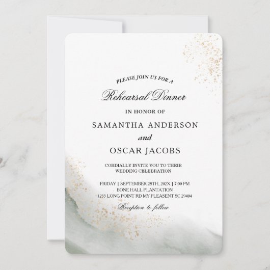 Invitation Aquarelle Abstraite Traits de Pinceau Verts & Or (Devant)