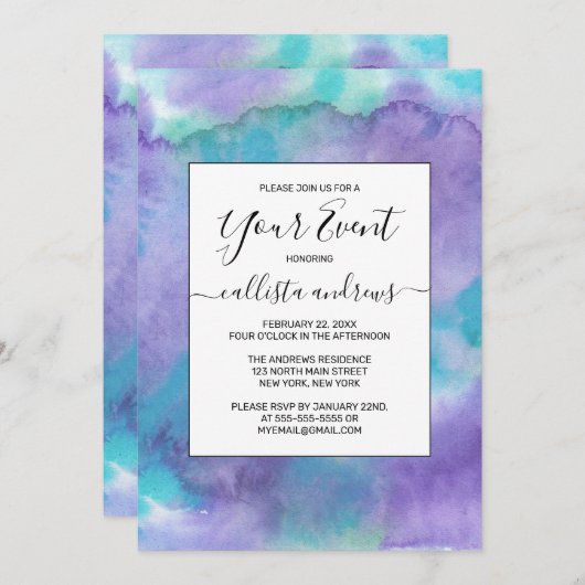 Invitation Aquarelle Abstraite violet violet violet vert Turq (Devant / Derrière)
