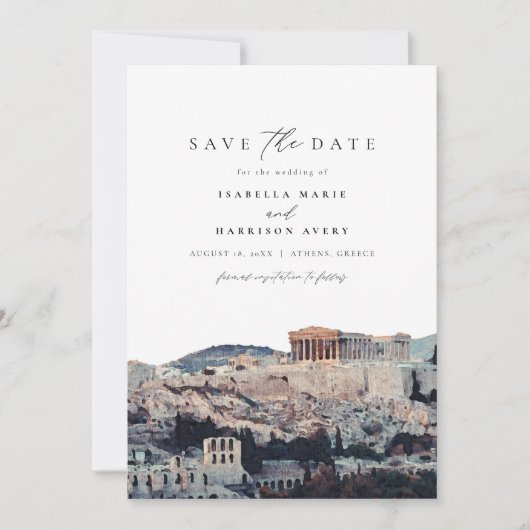 Invitation Aquarelle Acropole d'Athènes Enregistrer la date (Devant)
