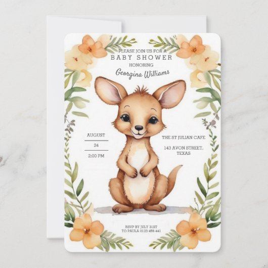 Invitation Aquarelle Adorable Baby shower Kangaroo (Devant)