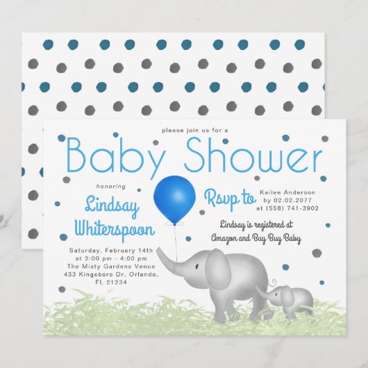 Invitation Aquarelle adorable Eléphants Baby shower garçon (Devant / Derrière)