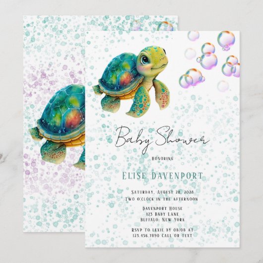 Invitation Aquarelle Adorable Tortue Baby shower (Devant / Derrière)