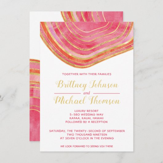 Invitation Aquarelle Agate dans le Mariage Accent Or Rouge (Devant / Derrière)