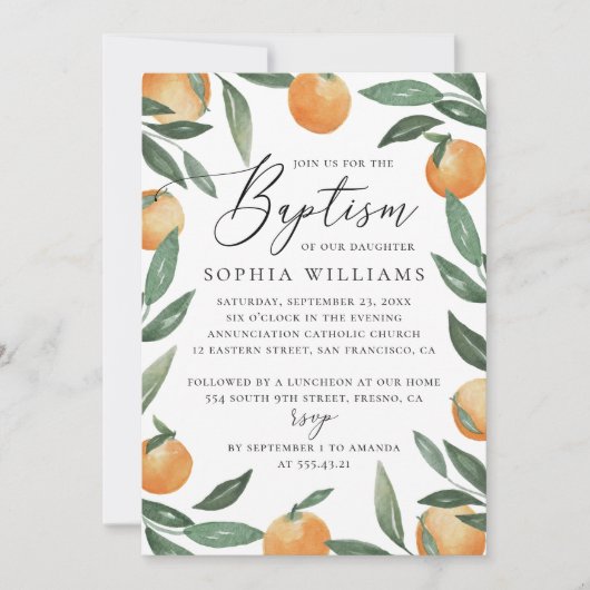 Invitation Aquarelle agrumes fleurs jardin script baptême (Devant)