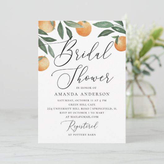 Invitation Aquarelle agrumes jardin script douche nuptiale (Debout devant)