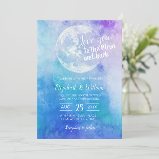 Invitation Aquarelle Aimez-vous à la Lune et Mariage arrière (Debout devant)