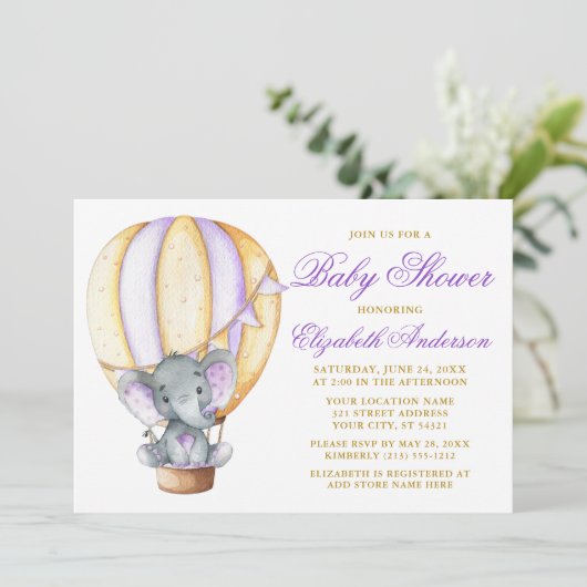 Invitation Aquarelle Air Balloon Elephant Baby shower violet (Debout devant)