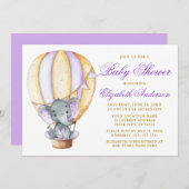 Invitation Aquarelle Air Balloon Elephant Baby shower violet (Devant / Derrière)