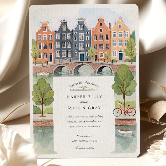 Invitation Aquarelle Amsterdam Canal Maisons & Tulips Mariage