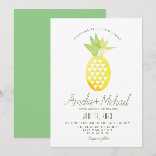 Invitation Aquarelle ananas Mariage tropical géométrique (Devant / Derrière)