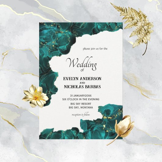 Invitation Aquarelle Anastasia Mariage noir & vert invite