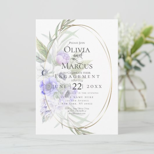 Invitation Aquarelle Anémone Violette Cadre Ovale Floral (Debout devant)
