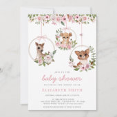 Invitation Aquarelle animale boisée Baby shower floral rose (Devant)