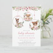 Invitation Aquarelle animale boisée Baby shower floral rose (Debout devant)