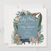Invitation Aquarelle animale sauvage Baby shower bleu tropica (Devant)