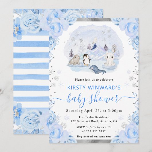 Invitation Aquarelle Animaux arctiques Baby shower floral (Devant / Derrière)
