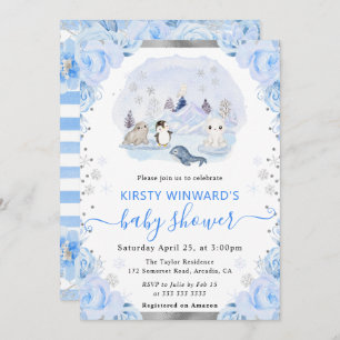 Invitation Aquarelle Animaux arctiques Baby shower floral