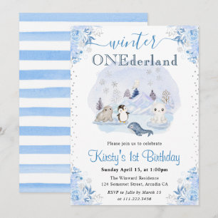 Invitation Aquarelle Animaux Arctiques Hiver 1er Anniversaire