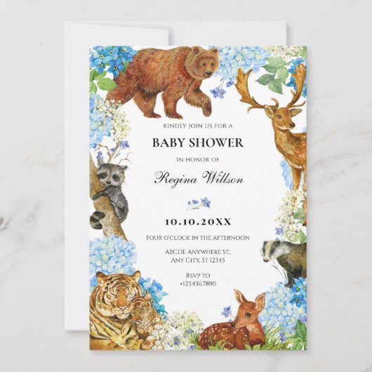 Invitation Aquarelle Animaux baby shower de la faune florale (Devant)