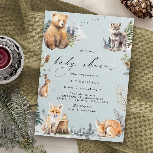 Invitation Aquarelle Animaux | Baby shower d'hiver des bois