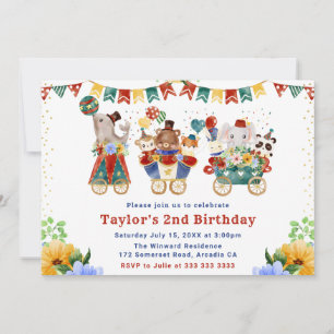 Invitation Aquarelle Animaux de Cirque Train Anniversaire Flo