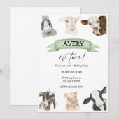 Invitation Aquarelle Animaux de ferme Anniversaire Deux ans (Devant / Derrière)