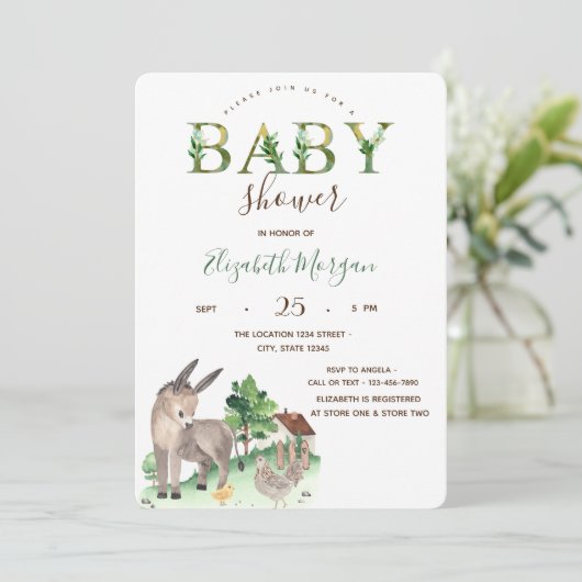 Invitation Aquarelle Animaux de ferme Baby shower d'âne (Debout devant)