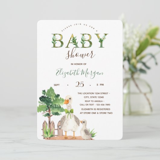 Invitation Aquarelle Animaux de ferme Baby shower d'oies (Debout devant)