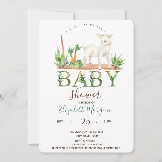 Invitation Aquarelle Animaux de ferme Baby shower mouton (Devant)